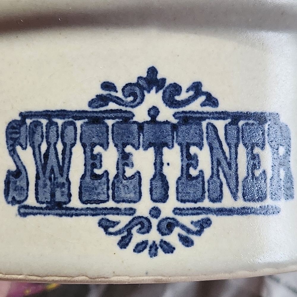 VTG *RARE* Mikasa Japan Stoneware Crock Set CREAMER & SWEETENER  Blue Typography - Picture 3 of 13